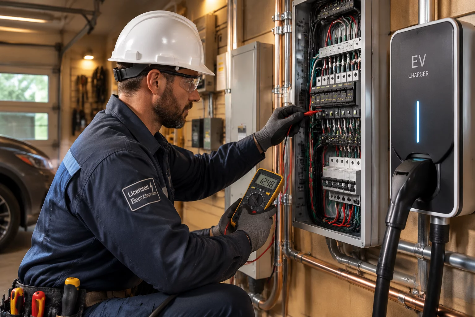 Certified master electrician inspecting smart EV home power panel